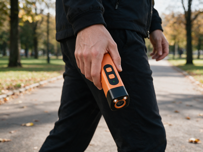 Das Gerät liegt entspannt in der Hand beim Spaziergang auf dem Parkweg
