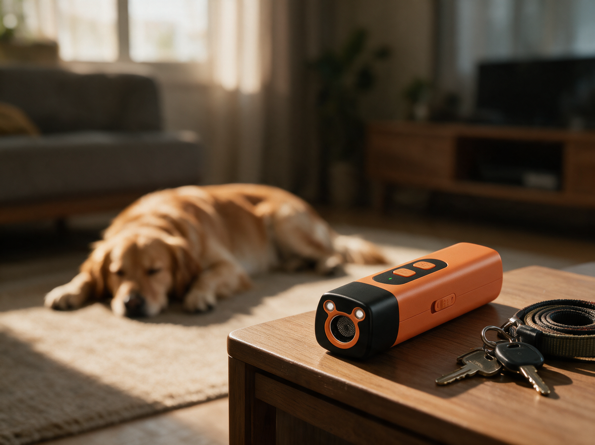 Entspannter Golden Retriever im Wohnzimmer, der Bellschutz liegt mit Schlüsseln und Leine auf dem Tisch