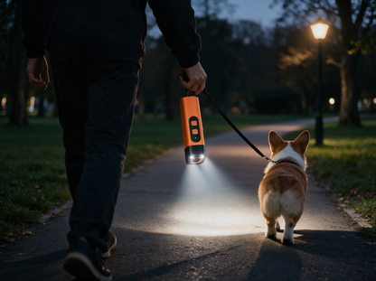 Abendrunde mit Corgi, die beiden LEDs des Bellschutz leuchten den Weg aus