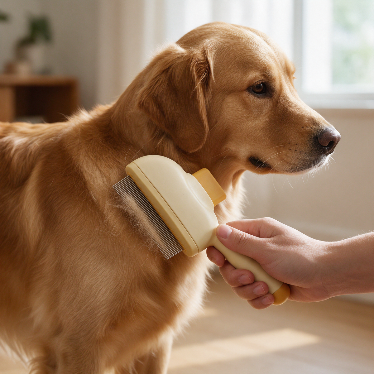 Golden Retriever wird gebürstet, lose Unterwolle sammelt sich zwischen den Zinken