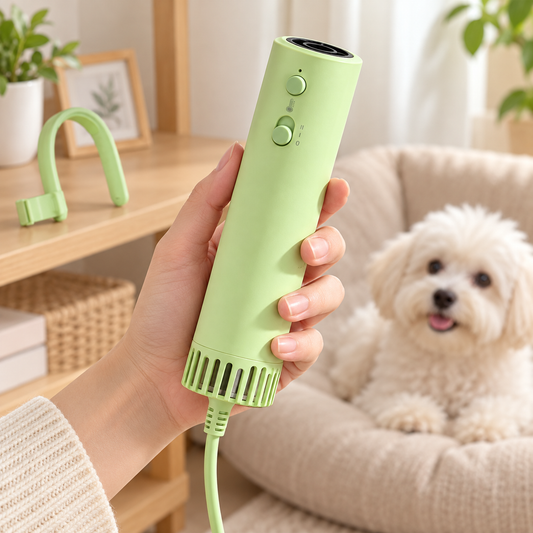 Grüner Tatzenwind™ in einer Hand mit einem kleinen Hund im Hintergrund
