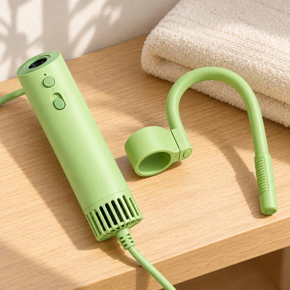 Tatzenwind™ mit grünem Nackenhalter und Kabel auf einer Ablage