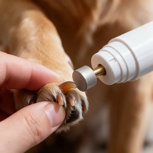 Der freiliegende Schleifkopf liegt mit seiner flachen Schleiffläche an der Spitze einer Hundekralle