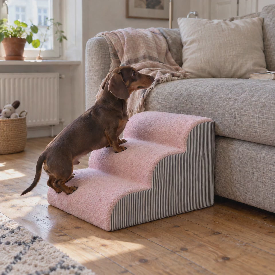 Dackel steigt über die Tatzenstufe™ aufs Sofa