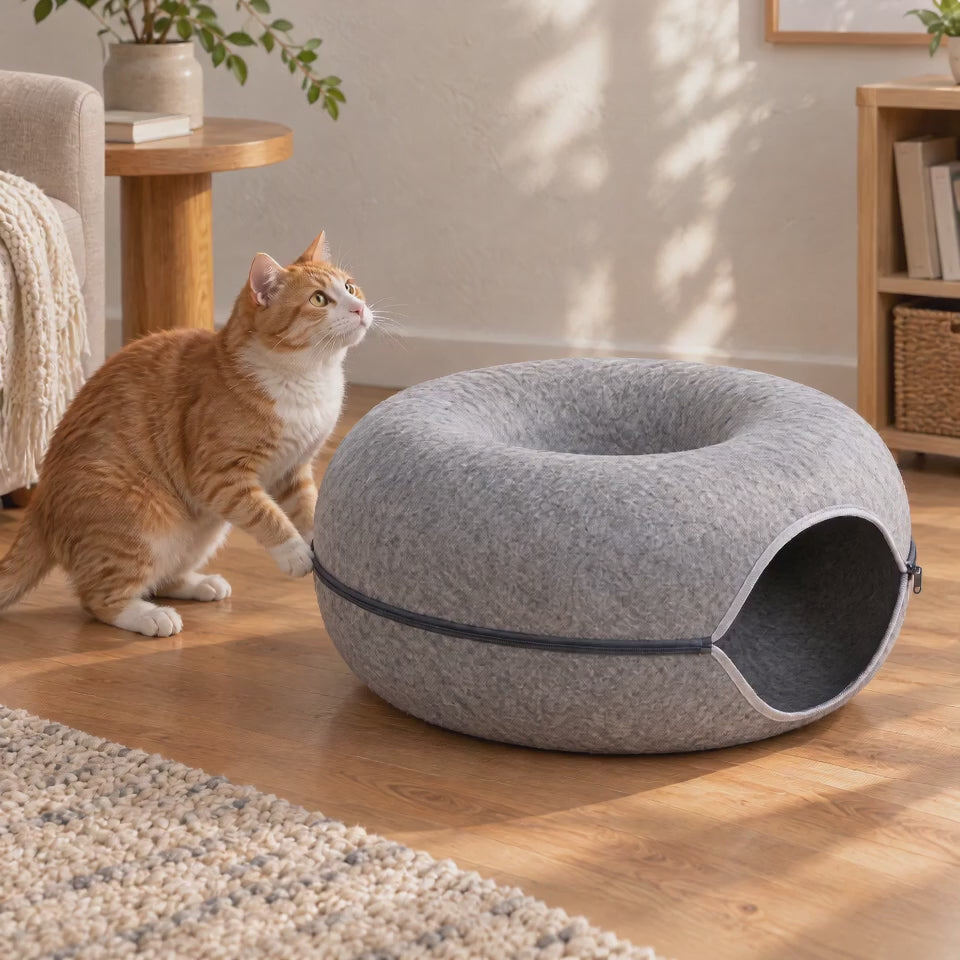 Katze springt auf den Tatzenkringel™ und rollt sich oben ein
