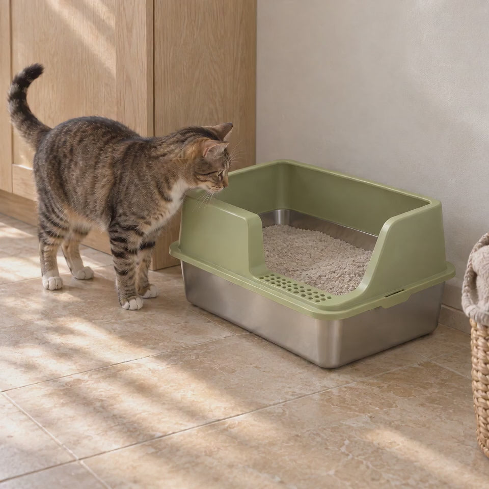 Katze steigt in das Tatzenklar™ Edelstahl-Katzenklo