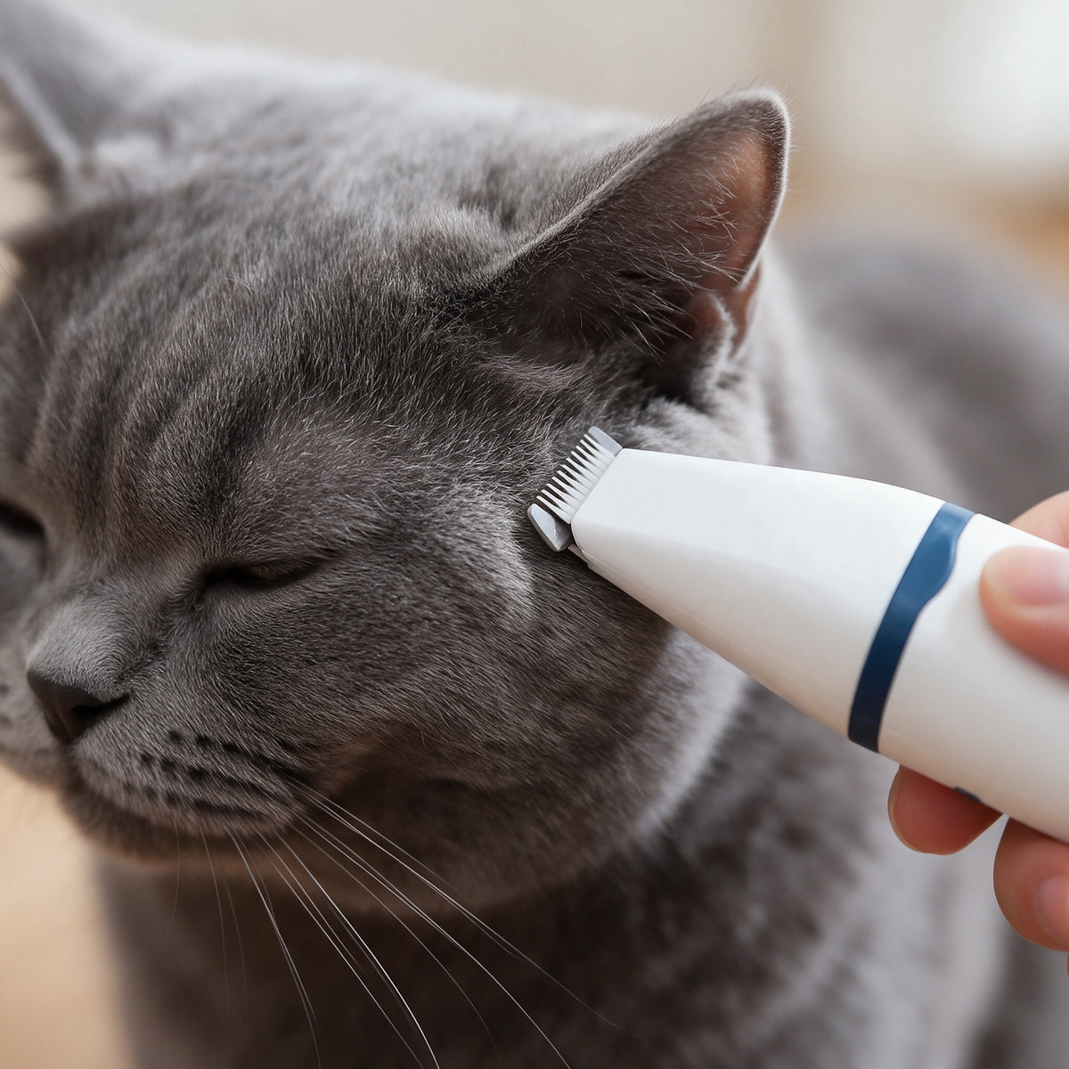Katze wird mit dem schmalen Präzisionskopf am Kopf getrimmt