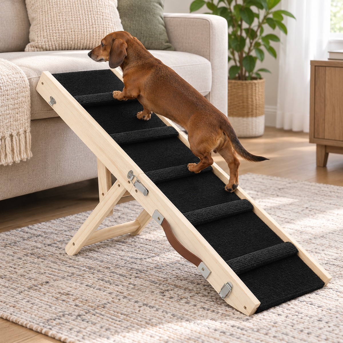 Kleiner Dackel geht über den Sofapfad™ zum Sofa