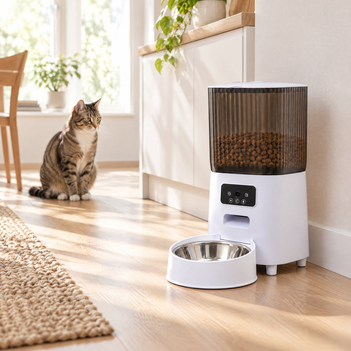 Tatzenblick™ Futterautomat in der Küche, Katze wartet auf ihre Mahlzeit