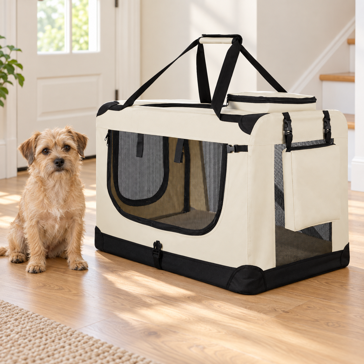 Kleiner Hund sitzt neben der cremefarbenen Tatzenbox™ im Eingangsbereich