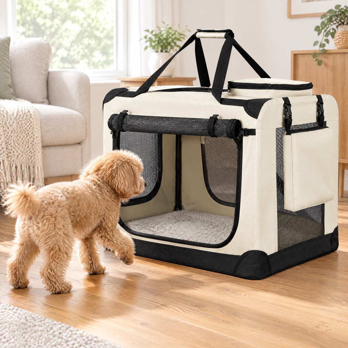 Hund läuft zur Tatzenbox™ Transportbox im Wohnzimmer