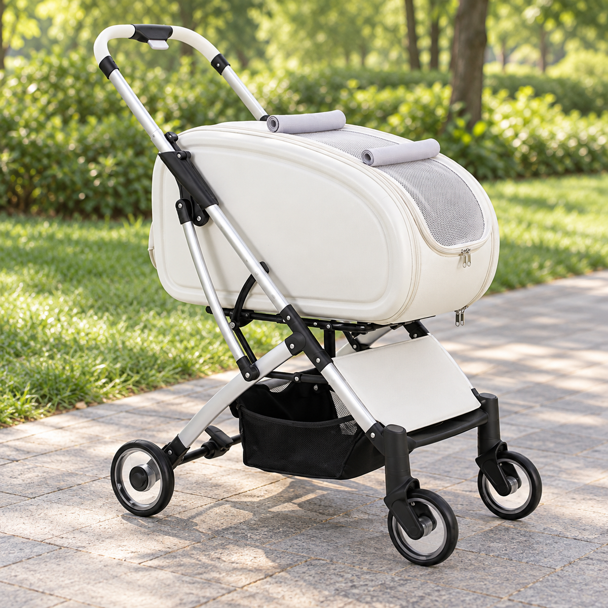 Tatzenbuggy™ auf einem gepflasterten Parkweg mit freigelegter Netzöffnung