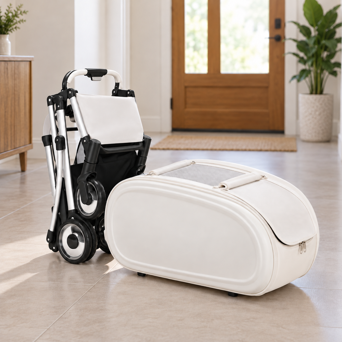 Zusammengefaltetes Tatzenbuggy-Gestell neben der Tragetasche