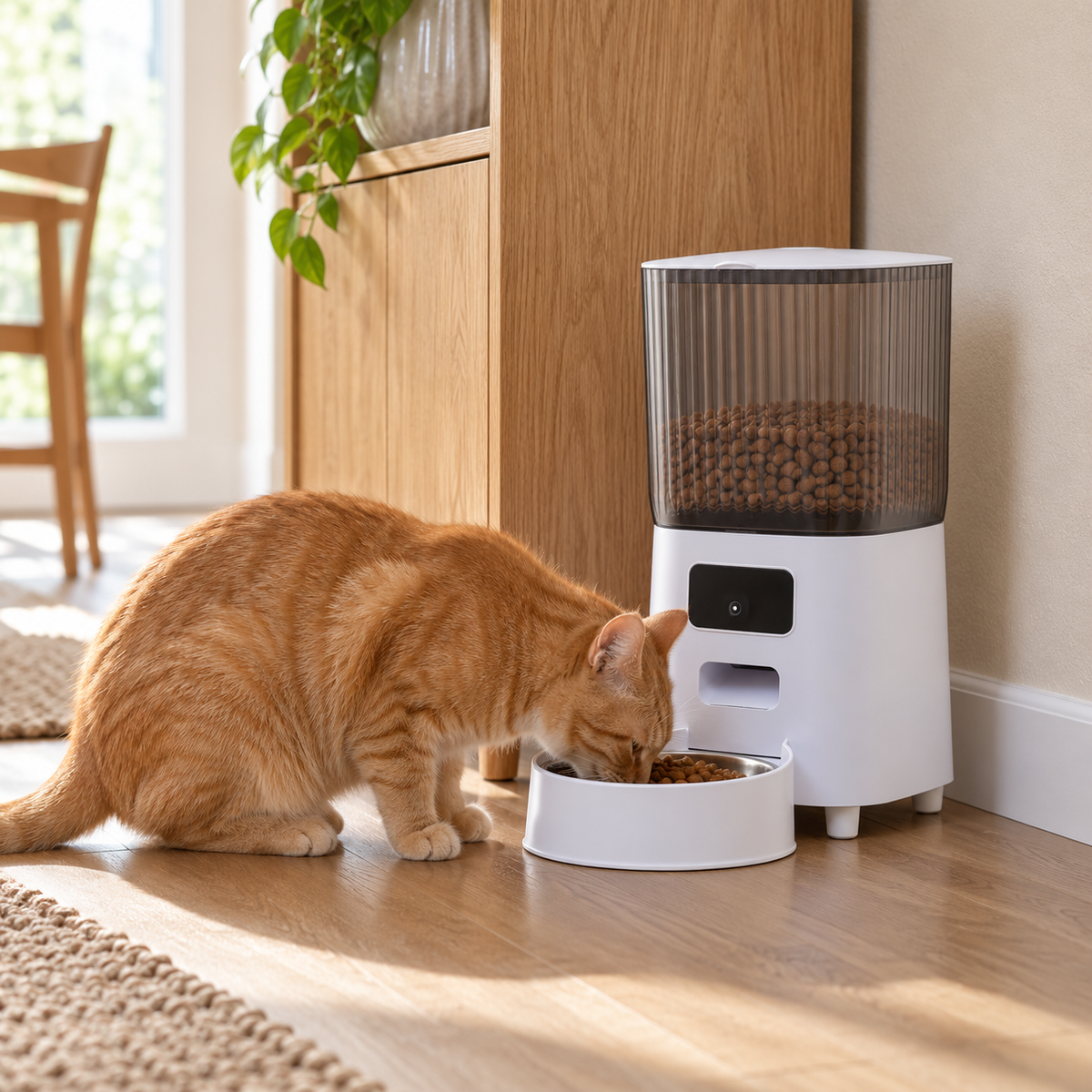 Katze frisst am Tatzenblick WLAN-Futterautomaten in einer hellen Wohnecke
