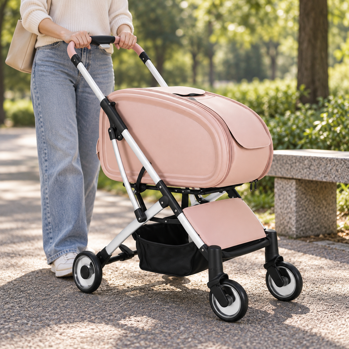 Tatzenbuggy in Rosa mit einer Person auf einem Parkweg