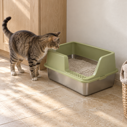 Tatzenklar Edelstahl-Katzenklo in Gelbgrün neben einer Katze im Wohnraum