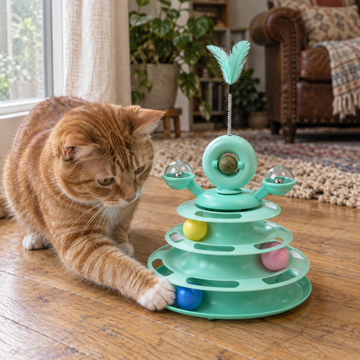 Katze spielt mit der Kugelbahn auf dem Wohnzimmerboden