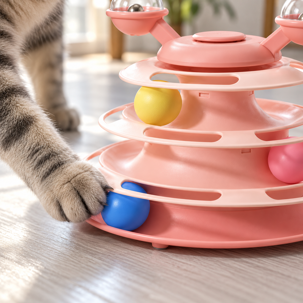 Katzenpfote schiebt eine Kugel in der umlaufenden Bahn an