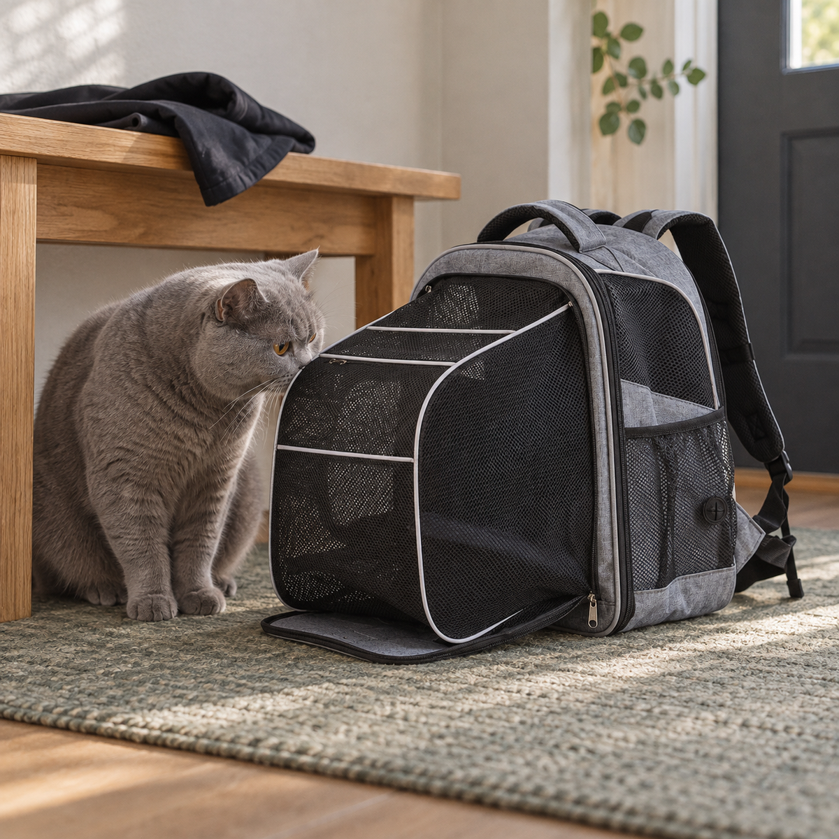 Sternengrauer Tatzenreise™ Rucksack mit geöffneter Netzerweiterung neben einer neugierigen Katze in einer Wohnung