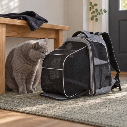Sternengrauer Tatzenreise™ Rucksack mit geöffneter Netzerweiterung neben einer neugierigen Katze in einer Wohnung