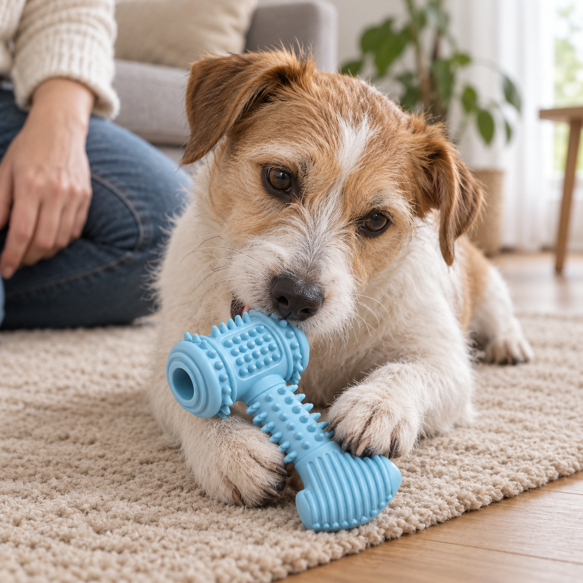 Kleiner Terrier erkundet das blaue Tatzenkau Spielzeug unter Aufsicht