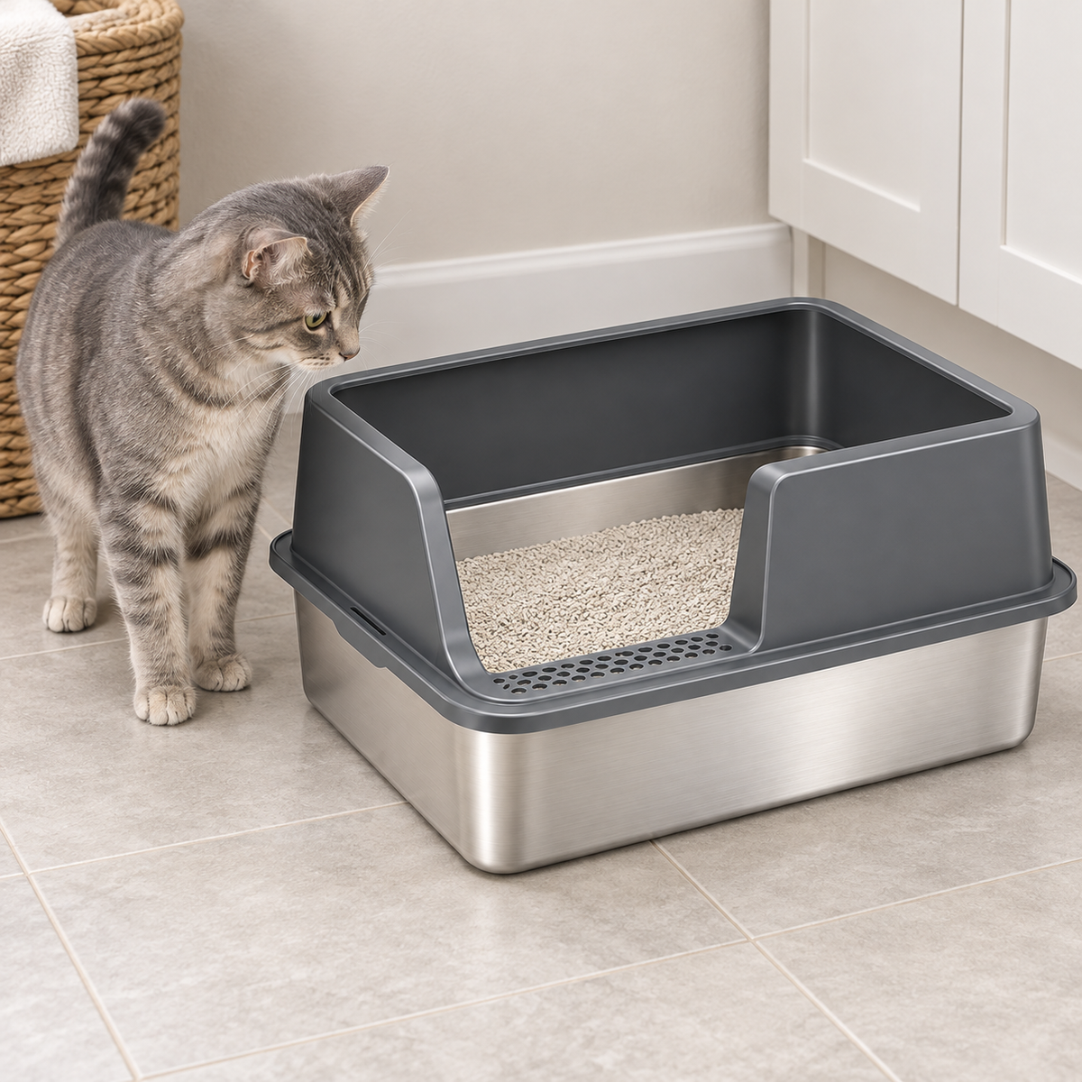 Katze neben der halboffenen Tatzenklar™ Katzentoilette