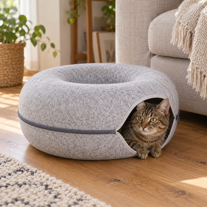 Katze schaut aus der seitlichen Öffnung des hellgrauen Katzentunnels