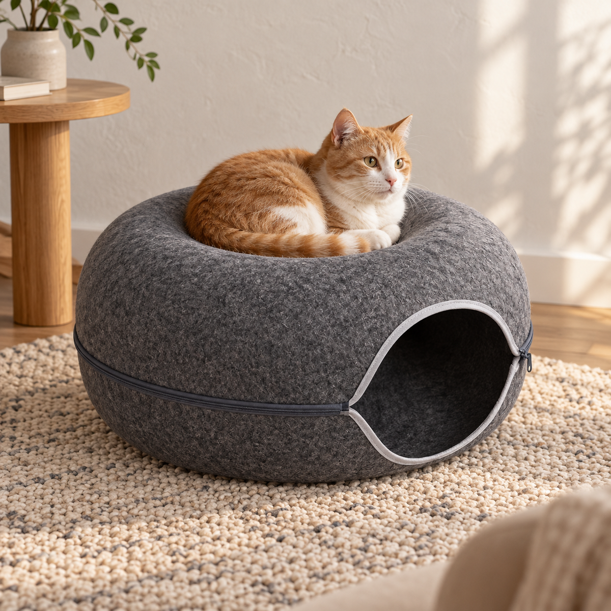 Katze ruht in der oberen Liegemulde des dunkelgrauen Katzentunnels