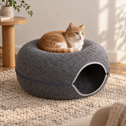 Katze ruht in der oberen Liegemulde des dunkelgrauen Katzentunnels