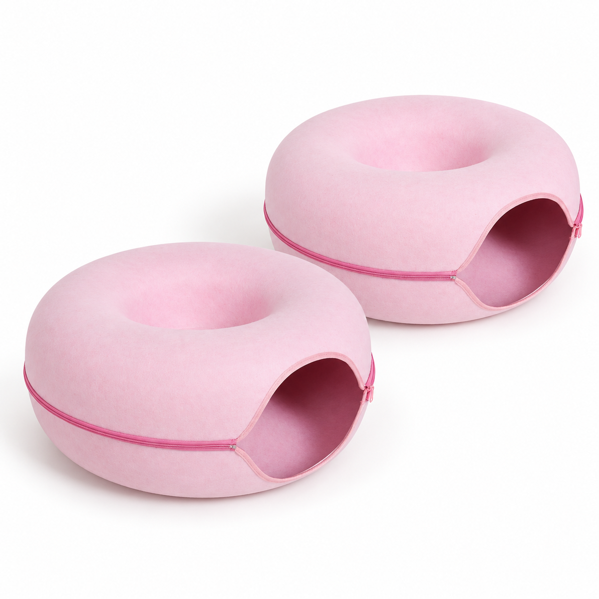 Zweierpack rosafarbene Donut-Katzentunnel auf weißem Hintergrund