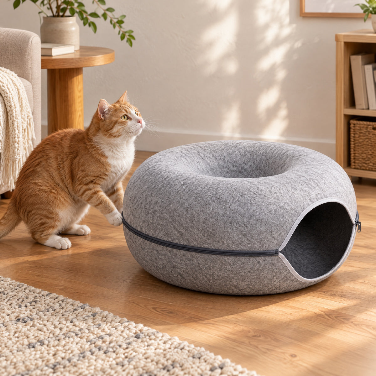 Katze neben dem Tatzenkringel™ Filztunnel