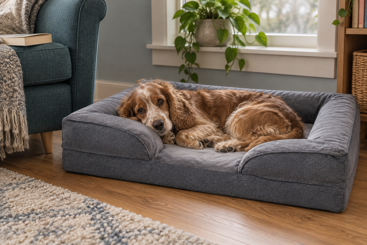 Cocker Spaniel ruht im grauen Tatzenlounge Hundesofa neben einem petrolfarbenen Lesesessel