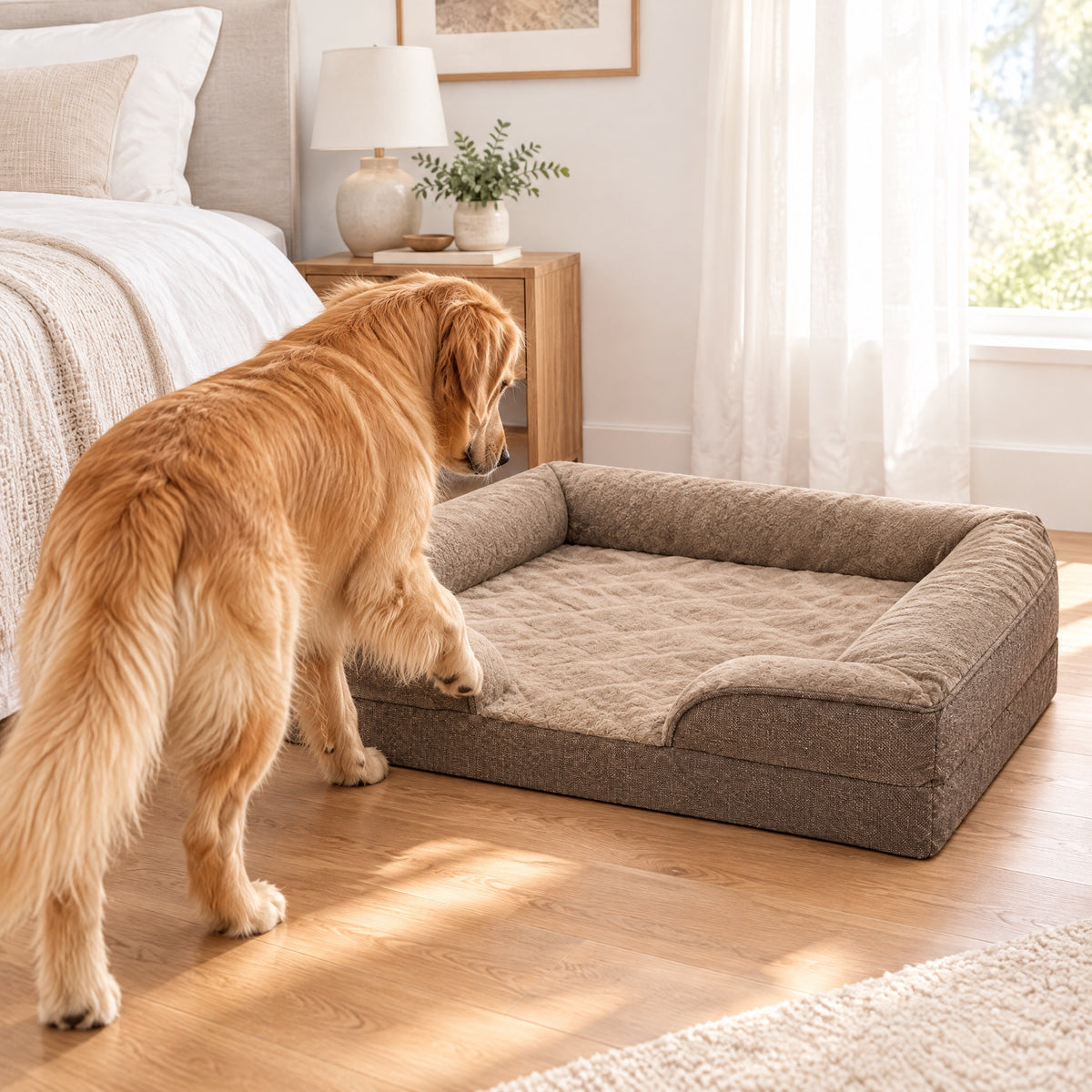 Golden Retriever steigt auf das Tatzenlounge™ Hundesofa