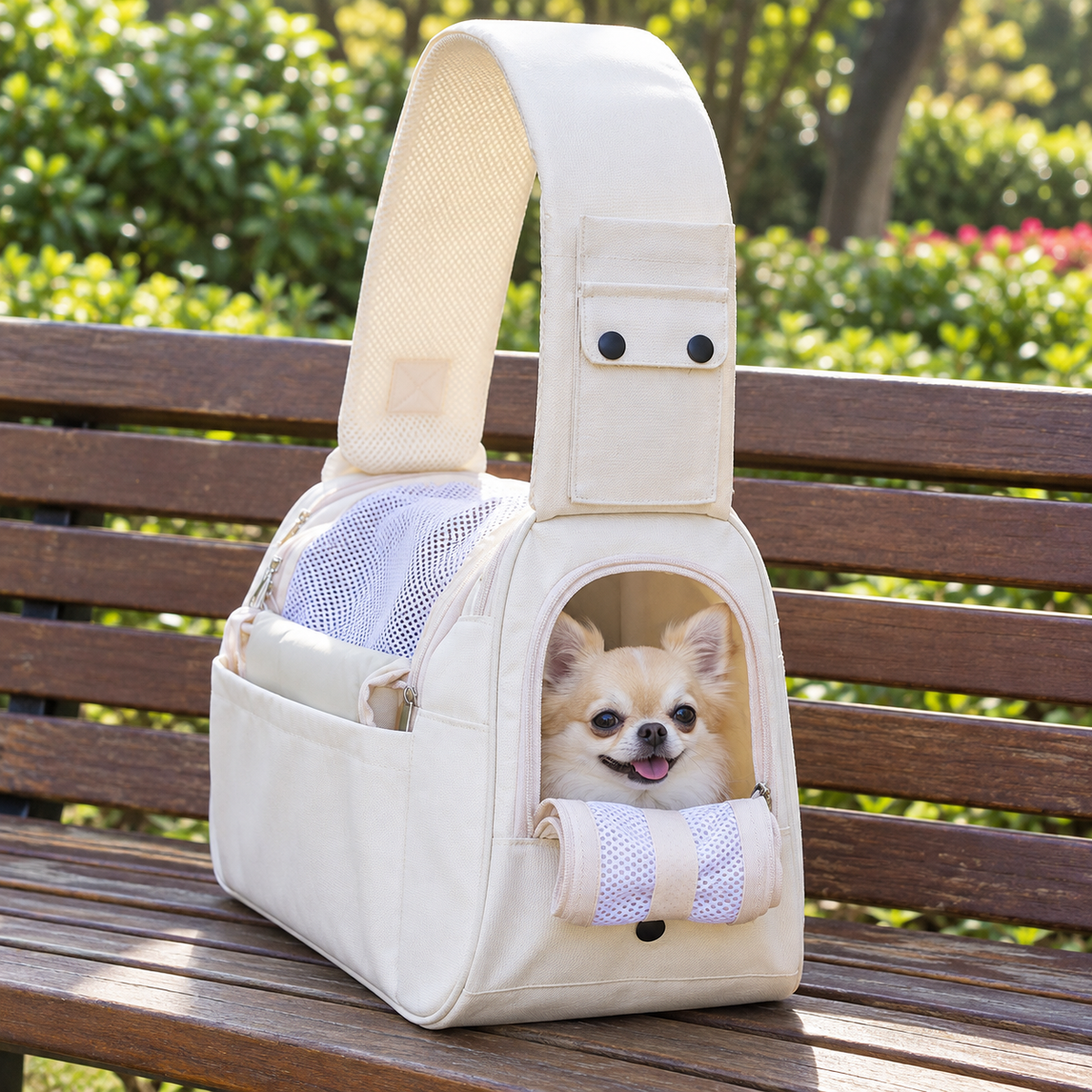 Kleiner Chihuahua in Tatzennah™ auf einer Parkbank