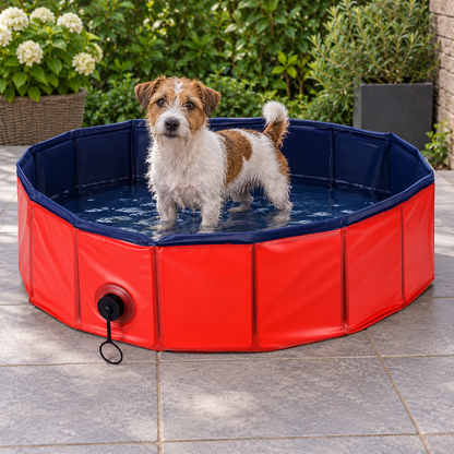 Kleiner Hund im roten Tatzenpool™ bei einer Wasserpause