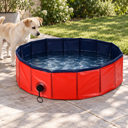 Kleiner Hund neben dem Tatzenpool™ auf einer Terrasse