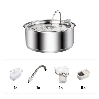 Lieferumfang: Edelstahlbecken, Pumpe 1x, Bogenauslauf 1x, Katzenkopf-Aufsatz 1x, Filter 5x