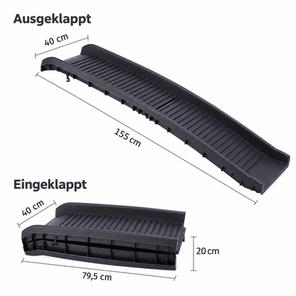 Maße der Tatzenrampe™: ausgeklappt 155 × 40 cm, eingeklappt 79,5 × 40 × 20 cm