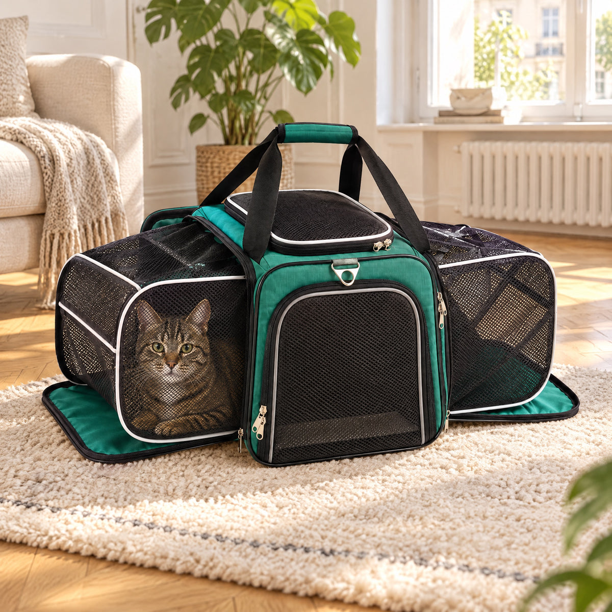 Katze liegt in der ausgeklappten Netzerweiterung der Tatzenreise™ Tragetasche und schaut hinaus