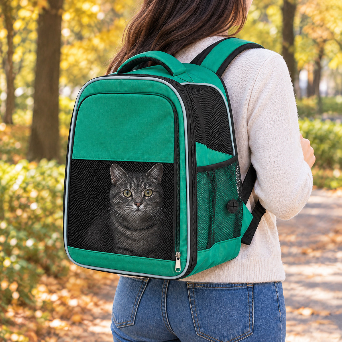 Tatzenreise™ als Rucksack getragen, Katze schaut durchs Netz