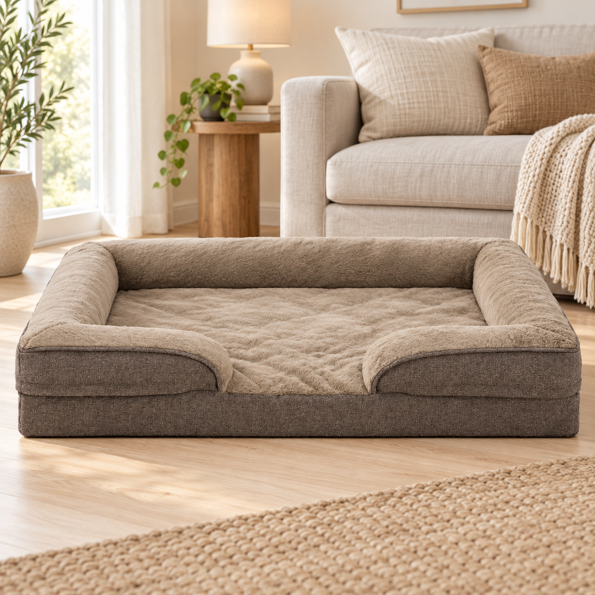 Tatzenlounge™ Hundesofa neben einer Couch im Wohnzimmer