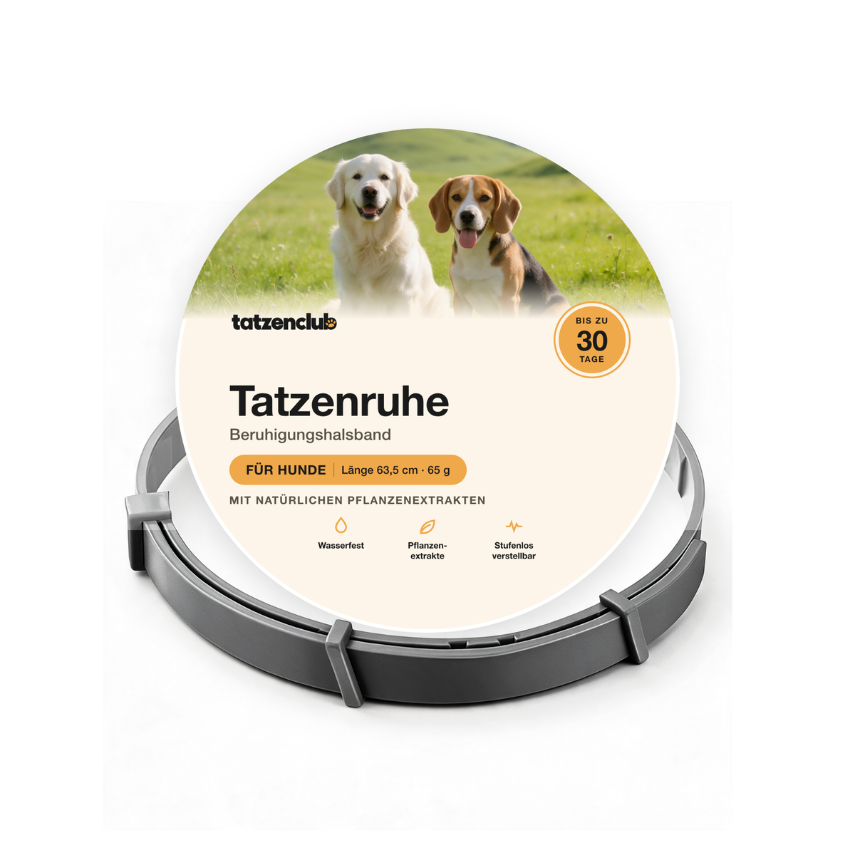 Tatzenruhe Beruhigungshalsband für Hunde in Grau mit runder Tatzenclub-Verpackung