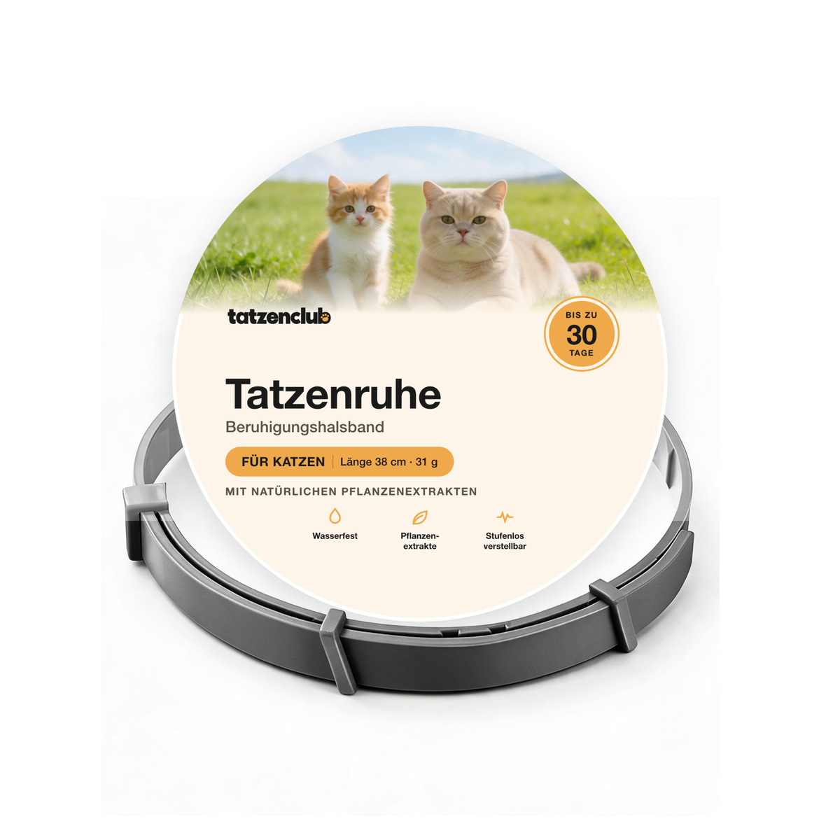 Tatzenruhe Beruhigungshalsband für Katzen in Grau mit runder Tatzenclub-Verpackung