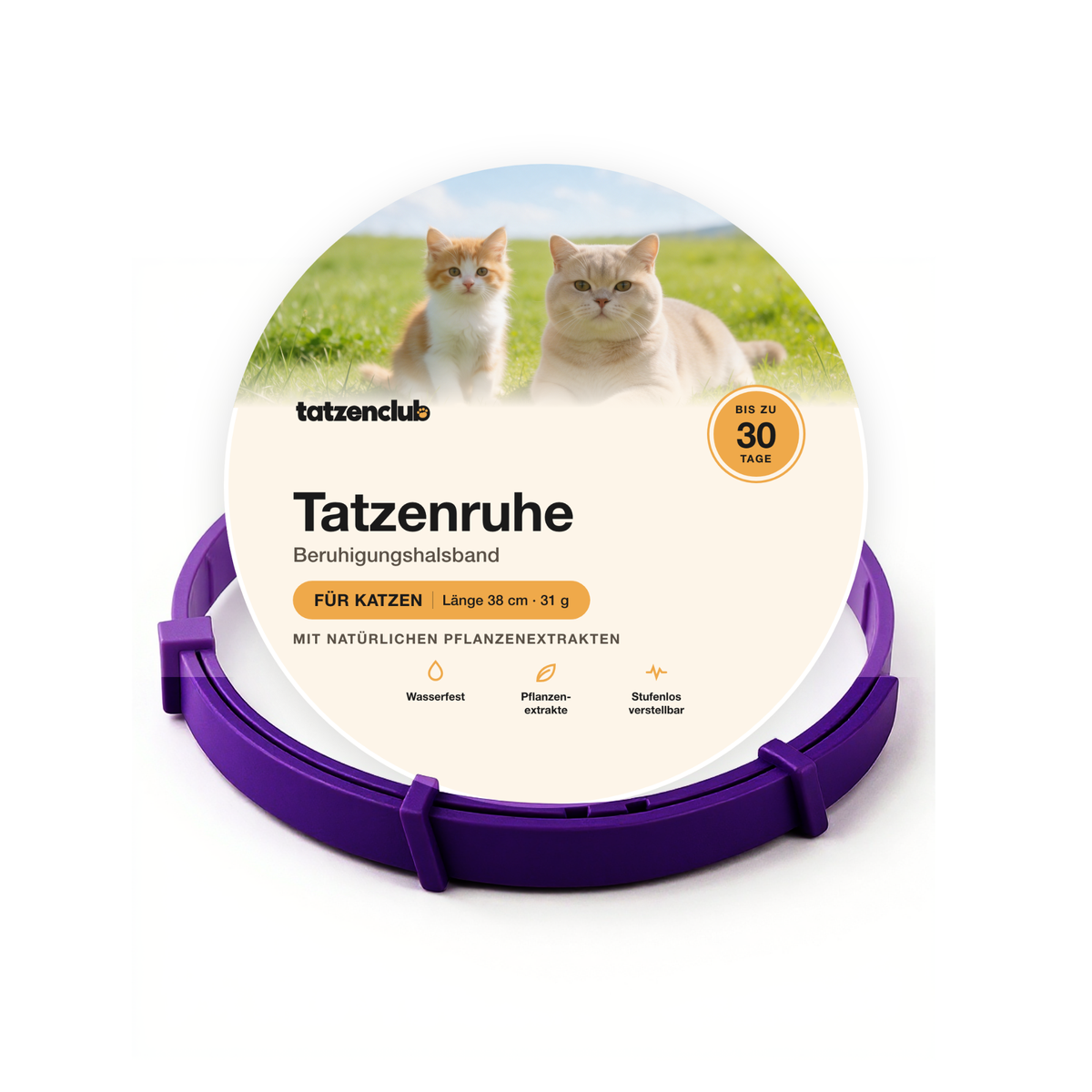 Tatzenruhe Beruhigungshalsband für Katzen in Lila mit runder Tatzenclub-Verpackung