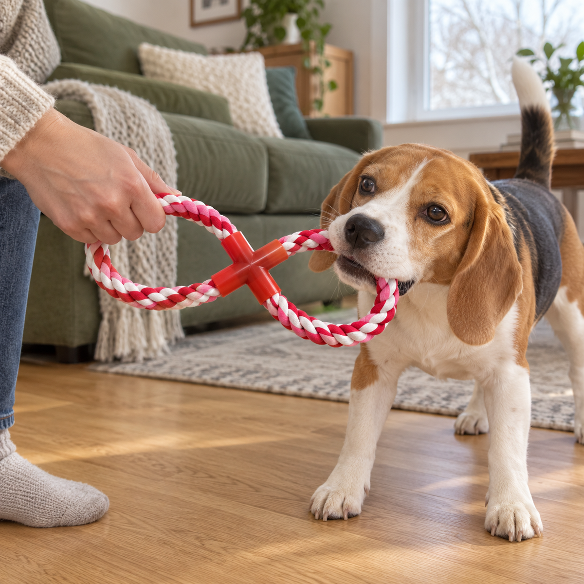 Hund und Halter spielen sanft mit dem Doppelschlaufenseil aus dem Tatzenspaß Set