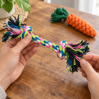 Hände prüfen die Knoten und Quasten des Hundespielseils vor dem Spielen