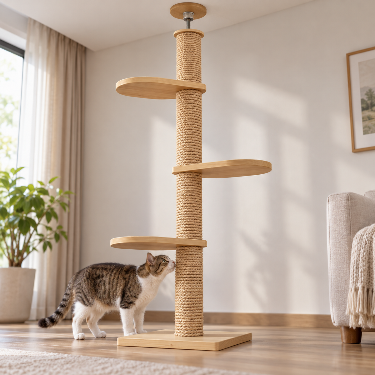 Bodenplatte und untere Plattform von Tatzenstamm™ mit Katze daneben