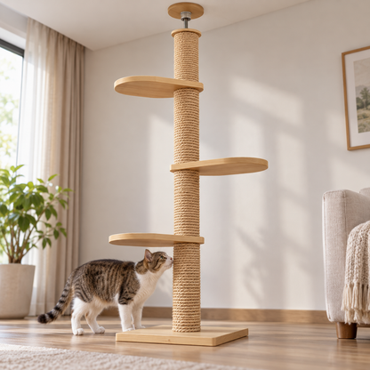 Bodenplatte und untere Plattform von Tatzenstamm™ mit Katze daneben