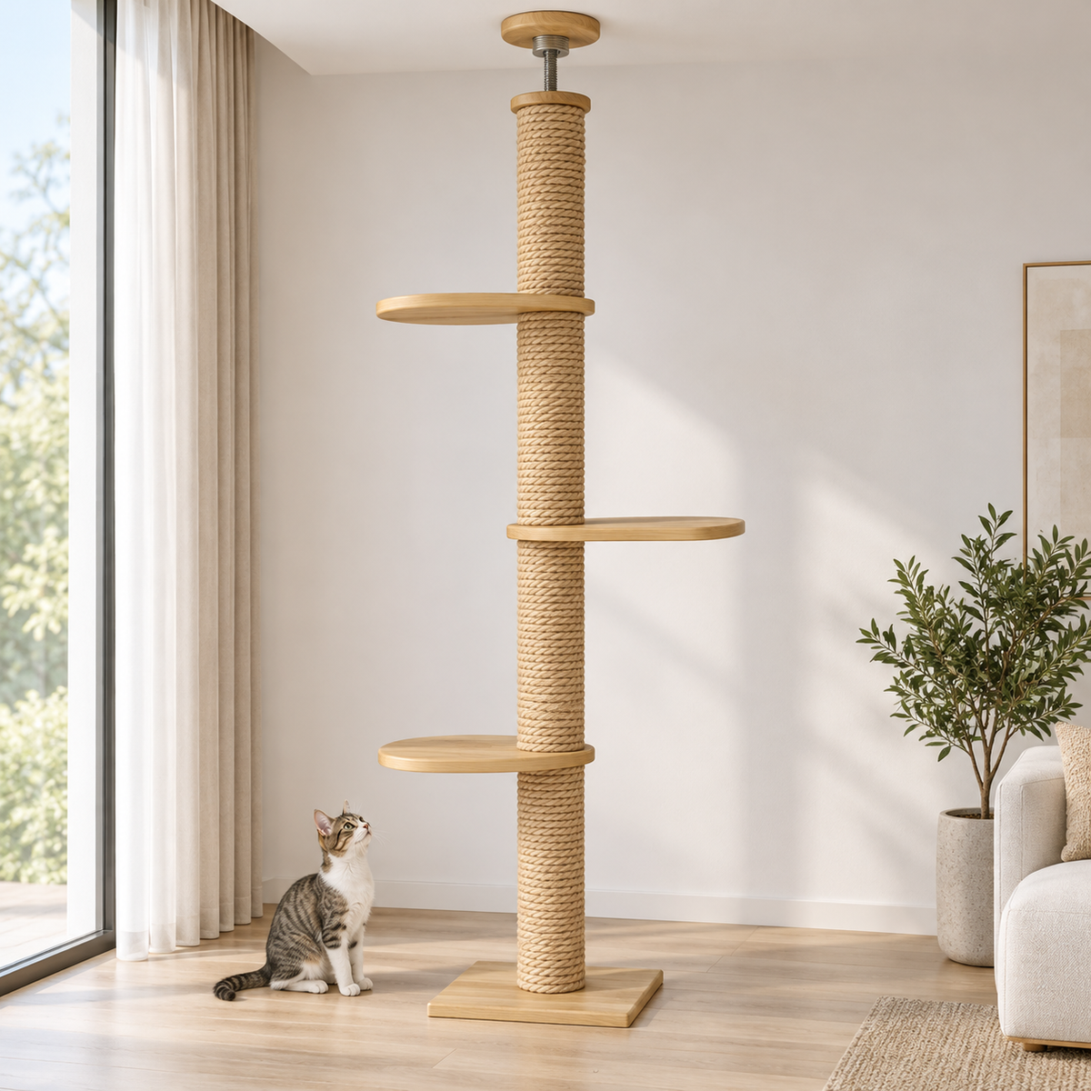 Tatzenstamm™ Deckenkratzbaum aus seitlichem Blickwinkel