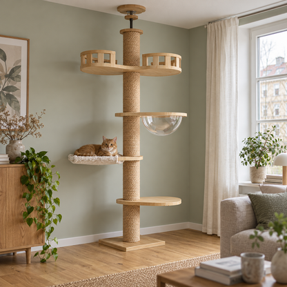 Tatzenstamm™ Modell F mit Katze in der Hängematte im hellen Wohnzimmer